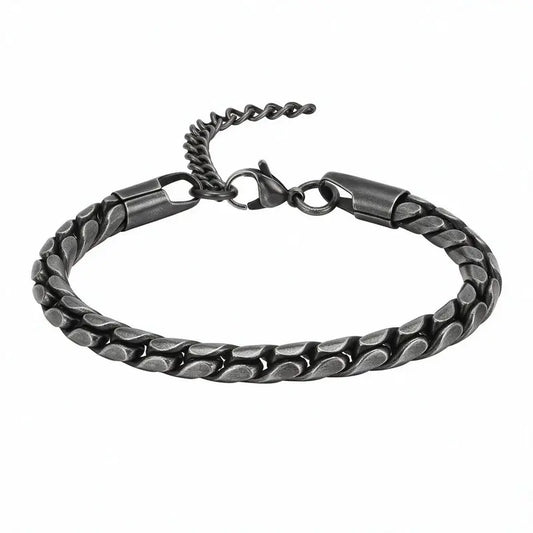 6mm oxidized stainless steel wheat link bracelet with adjustable extension chain, product photo on white background