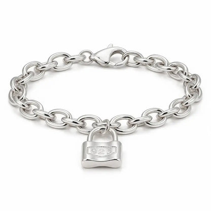 925 sterling silver bold oval cable-link chain bracelet with a padlock charm, product photo on white background