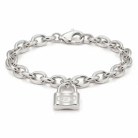 925 sterling silver bold oval cable-link chain bracelet with a padlock charm, product photo on white background
