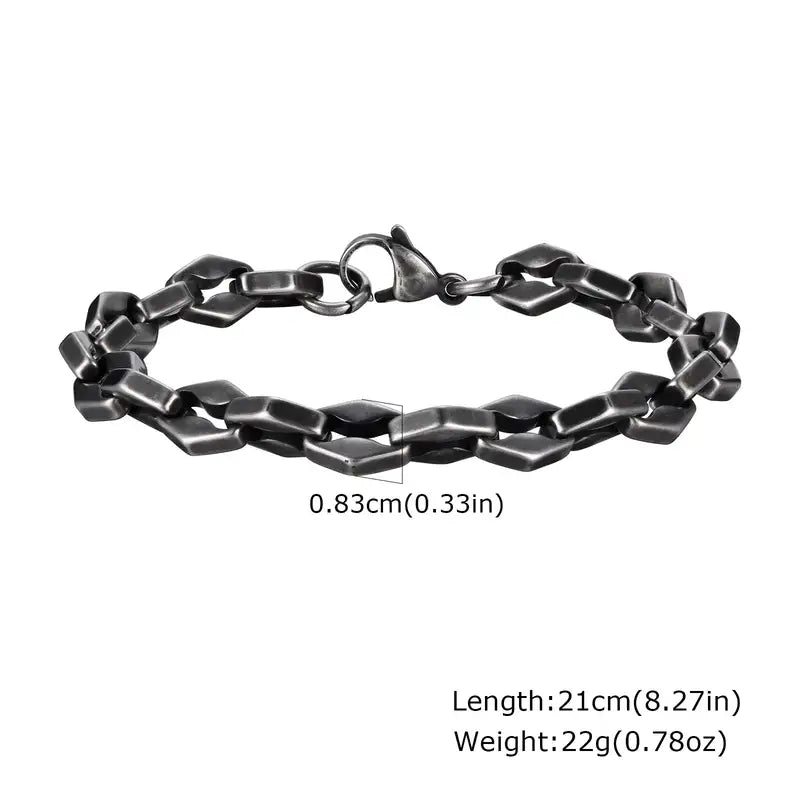 8.3mm oxidized stainless steel diamond-cut box chain bracelet with rotated square links, 21cm