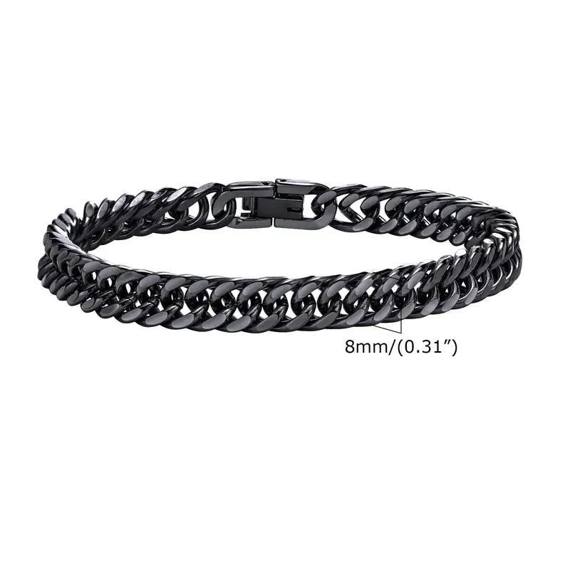 8mm matte black stainless steel Cuban link bracelet with double-row curb chain detail