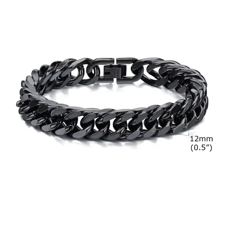 12mm matte black stainless steel Cuban link bracelet with a wide, bold link profile