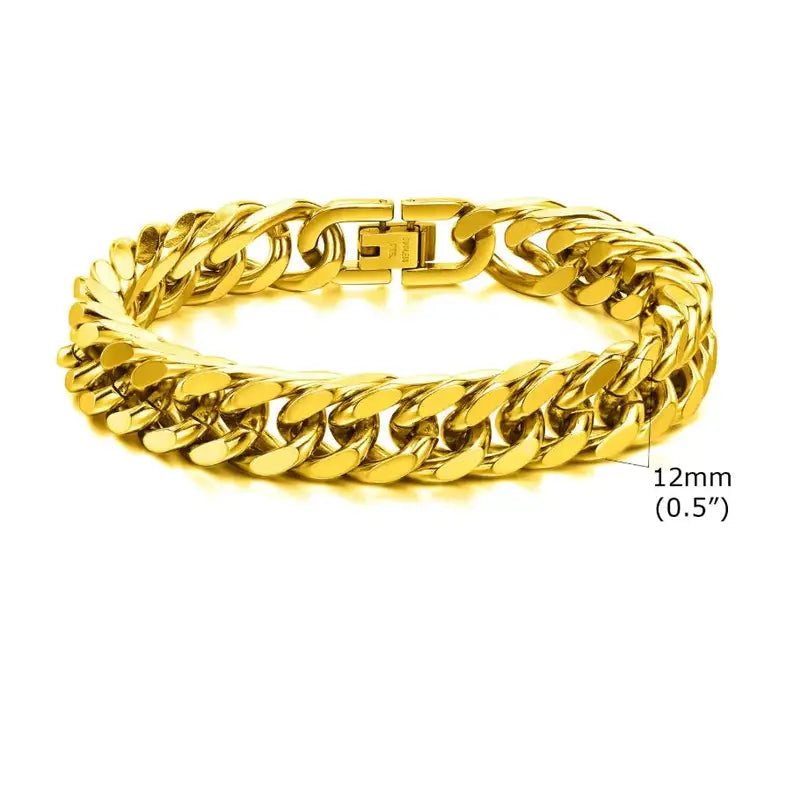 12mm gold-tone stainless steel Cuban link bracelet with a bold double-chain width