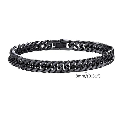 8mm matte black stainless steel Cuban link bracelet with double-row curb chain detail