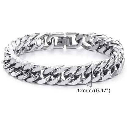 12mm polished silver stainless steel Cuban link bracelet with a heavy double-row chain profile