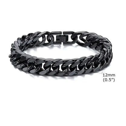 12mm matte black stainless steel Cuban link bracelet with a wide, bold link profile
