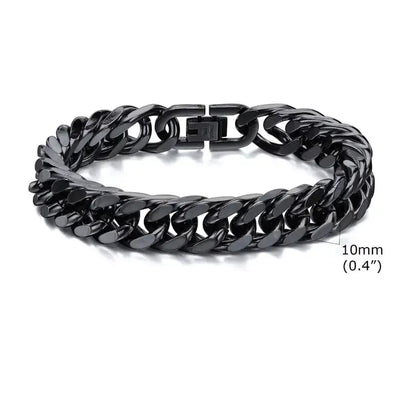 10mm matte black stainless steel Cuban link bracelet with fold-over clasp closure