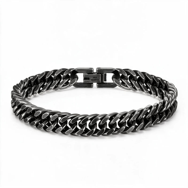 Mens Bracelet Chain – Warden Cuban Link Bracelet, Gunmetal 8mm double-row curb chain with fold-over clasp