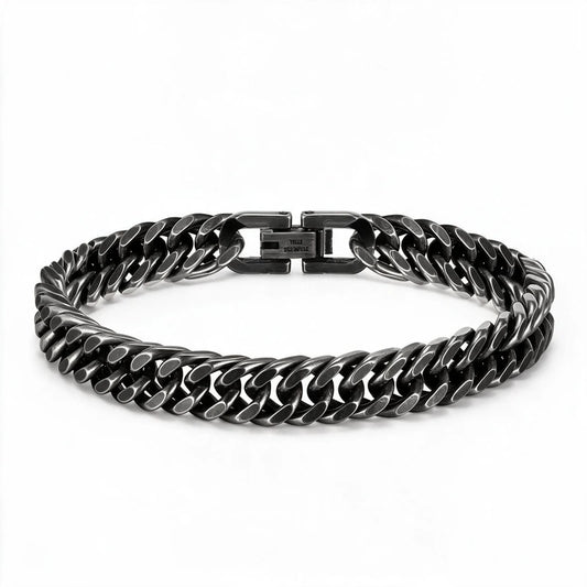 Mens Bracelet Chain – Warden Cuban Link Bracelet, Gunmetal 8mm double-row curb chain with fold-over clasp