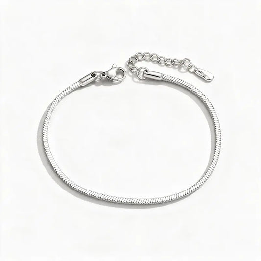 Wisp silver snake chain bracelet with lobster clasp, product photo on white background.