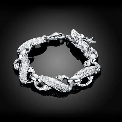 925 sterling silver dragon-link chain bracelet with textured scaled segments