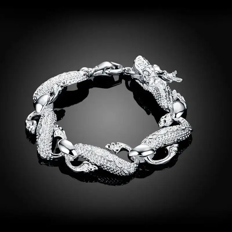 925 sterling silver dragon-link chain bracelet with textured scaled segments
