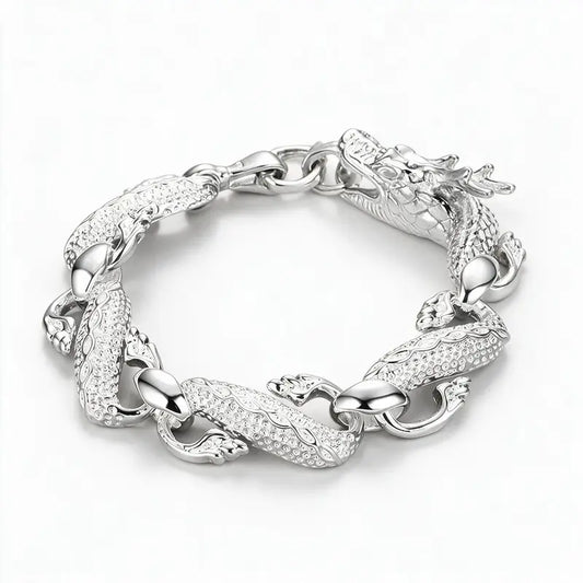 925 sterling silver dragon-link chain bracelet with textured scaled segments, product photo on white background