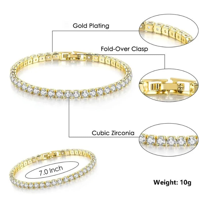 Diagram of the gold tennis bracelet highlighting its gold plating, fold-over clasp, and cubic zirconia stones, with a 7.0 inch length and 10g weight noted.