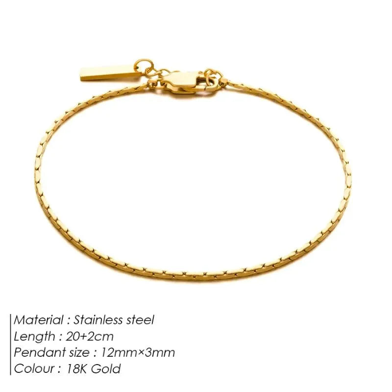 Gold wire chain bracelet laid flat on a white background, labeled Stainless steel, 20+2cm length, 12mm×3mm pendant size, 18K Gold colour.