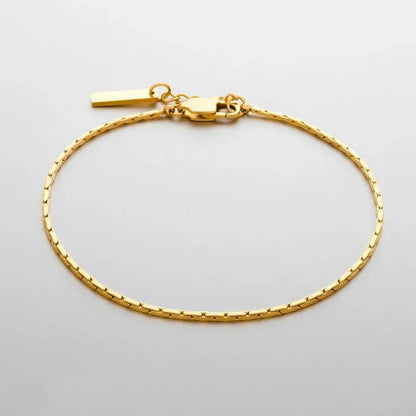 Gold ultra-thin wire chain bracelet with a rectangular bar tag charm and lobster clasp, laid in an oval on a light grey background.