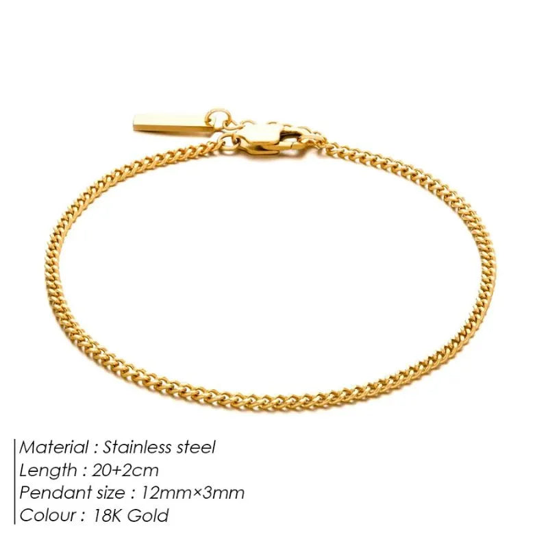 18K gold curb chain bracelet with labelled specifications: stainless steel, 20+2cm length, 12mm x 3mm pendant
