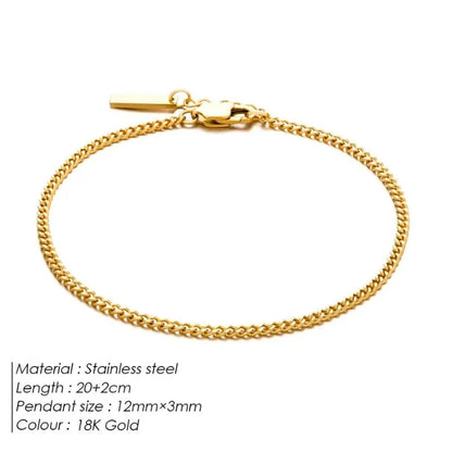 18K gold curb chain bracelet with labelled specifications: stainless steel, 20+2cm length, 12mm x 3mm pendant