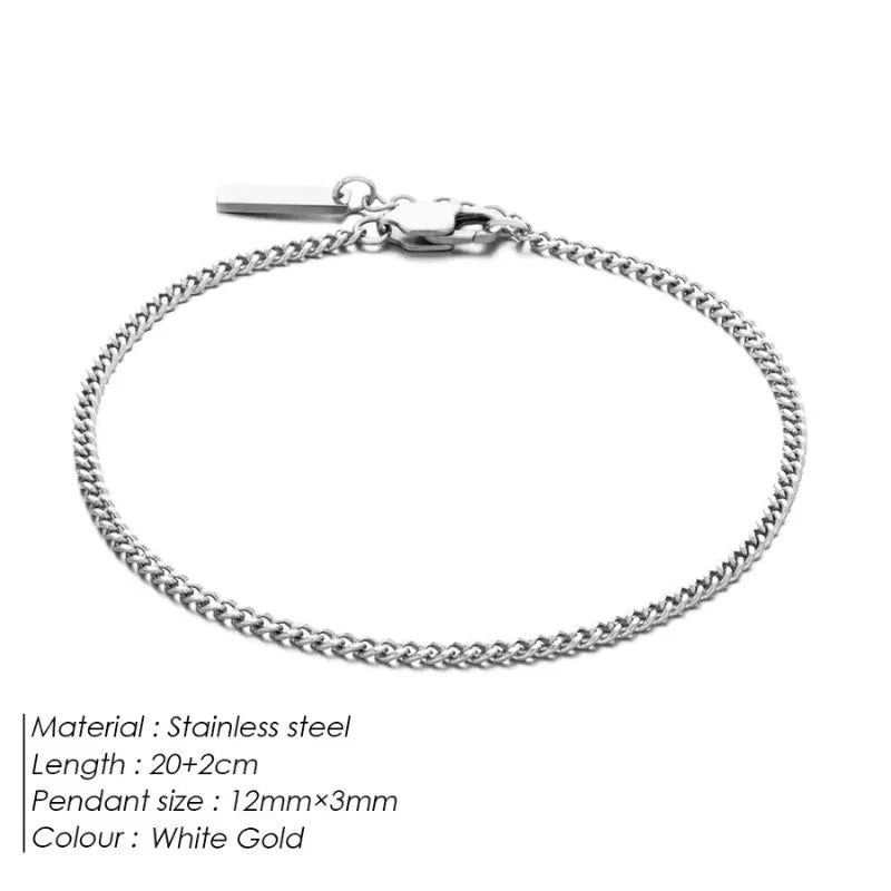 White gold curb chain bracelet with labelled specifications: stainless steel, 20+2cm length, 12mm x 3mm pendant