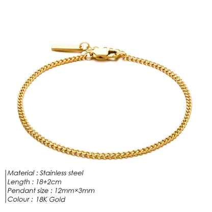 18K gold curb chain bracelet with labelled specifications: stainless steel, 18+2cm length, 12mm x 3mm pendant