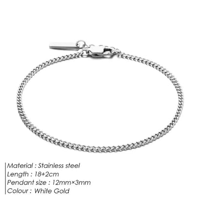 White gold curb chain bracelet with labelled specifications: stainless steel, 18+2cm length, 12mm x 3mm pendant