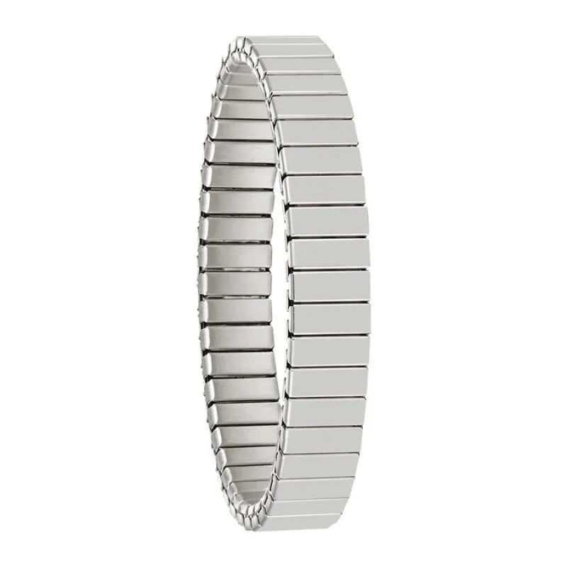Silver stretch bracelet standing upright alone on a plain white background