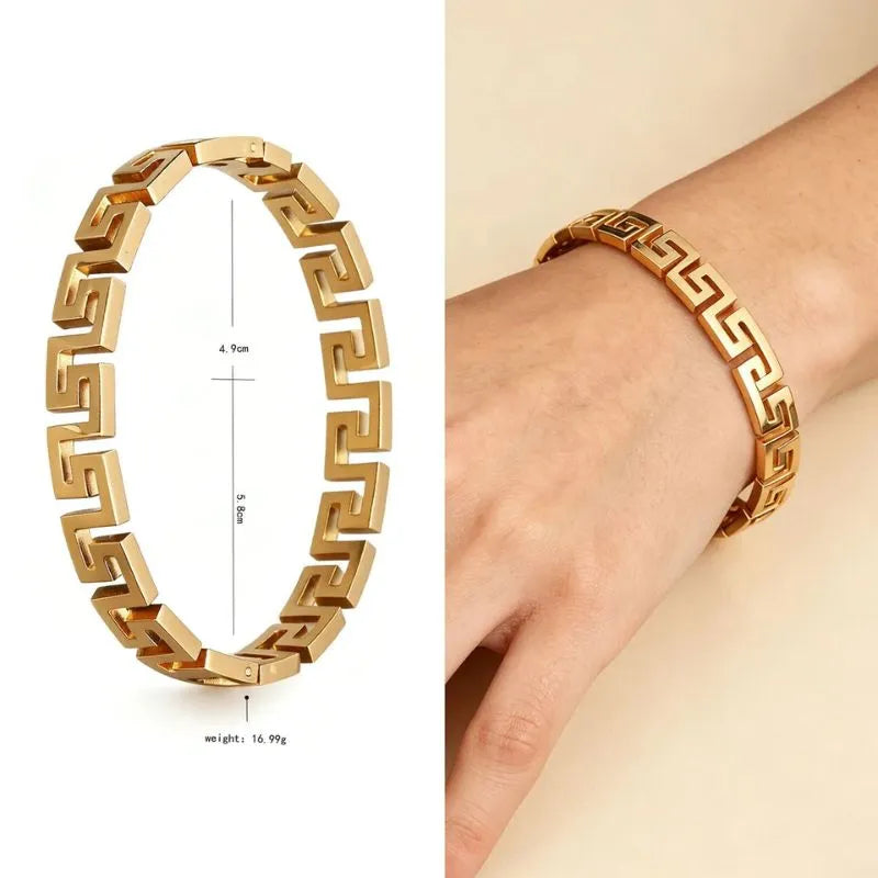 Split image showing the gold Greek key bangle's dimensions on the left and the bracelet worn on a wrist on the right