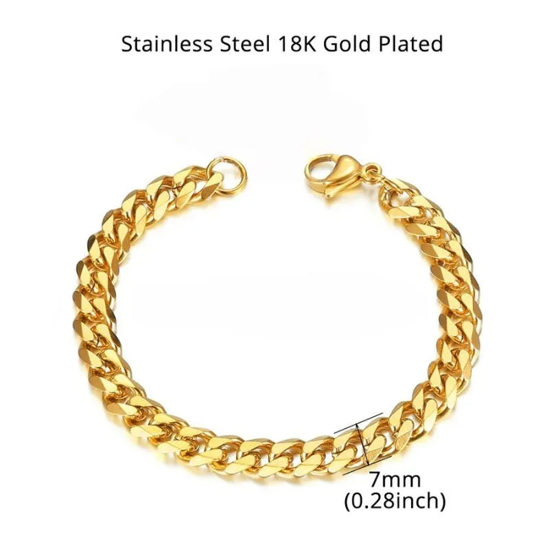 Gold Byzantine box-chain bracelet laid flat on a white background, labeled Stainless Steel 18K Gold Plated with a 7mm (0.28 inch) link width.