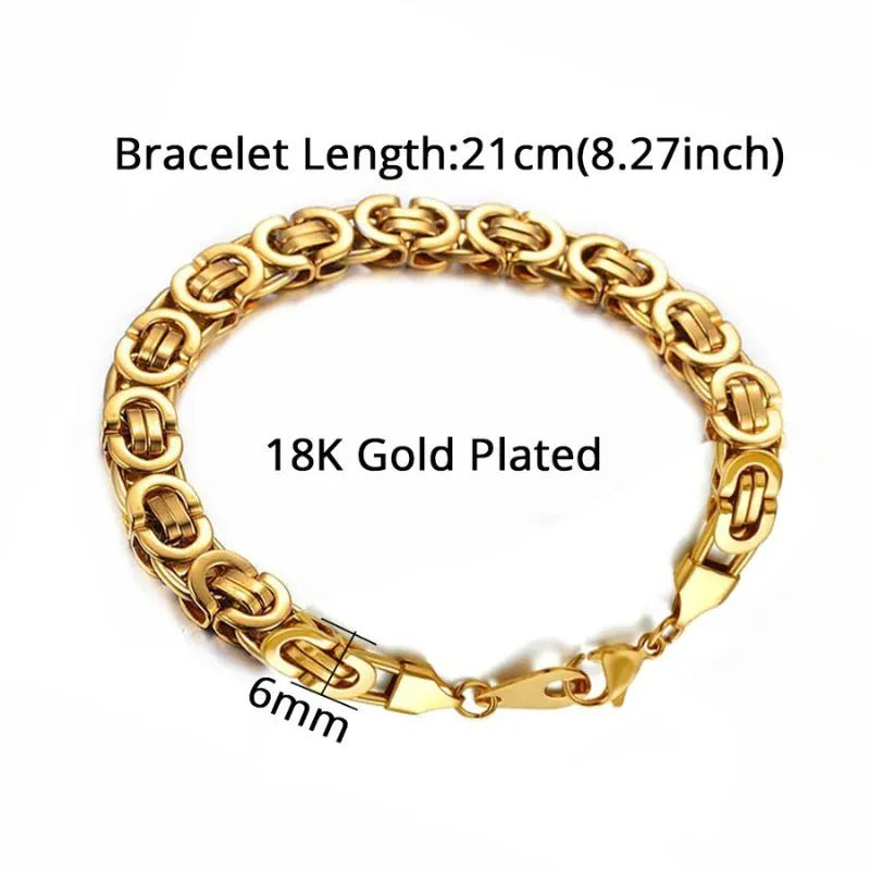 Gold Byzantine box-chain bracelet laid flat on a white background, labeled 18K Gold Plated with a 21cm (8.27 inch) length and 6mm link width.