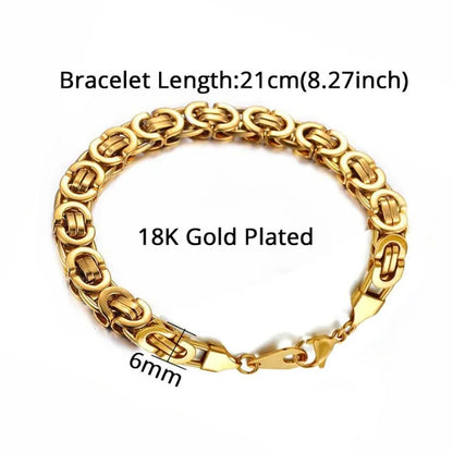 Gold Byzantine box-chain bracelet laid flat on a white background, labeled 18K Gold Plated with a 21cm (8.27 inch) length and 6mm link width.