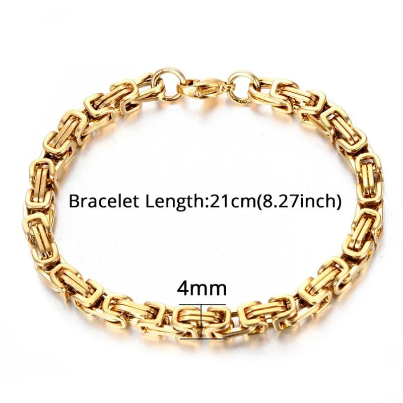 Gold Byzantine box-chain bracelet laid flat on a white background, labeled with a 21cm (8.27 inch) length and 4mm link width.