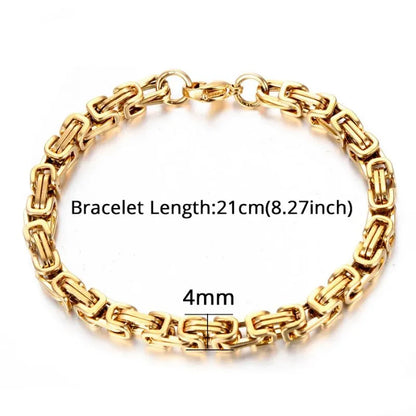 Gold Byzantine box-chain bracelet laid flat on a white background, labeled with a 21cm (8.27 inch) length and 4mm link width.