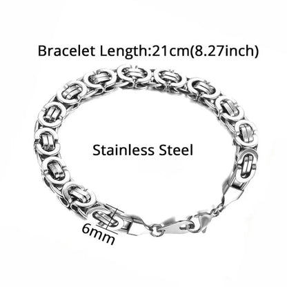 Silver-tone Byzantine box-chain bracelet laid flat on a white background, labeled Stainless Steel with a 21cm (8.27 inch) length and 6mm link width.