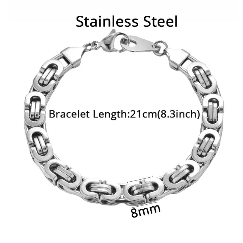 Silver-tone Byzantine box-chain bracelet laid flat on a white background, labeled Stainless Steel with a 21cm (8.3 inch) length and 8mm link width.