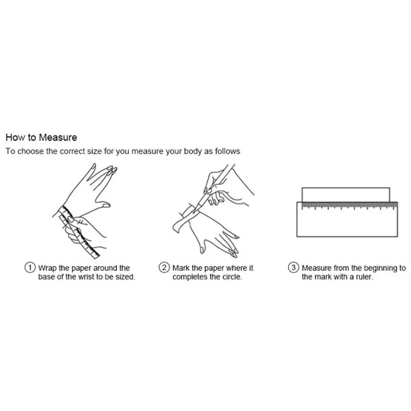 Illustrated wrist-sizing guide showing three steps: wrapping a paper strip around the wrist, marking where it meets, and measuring the length with a ruler.
