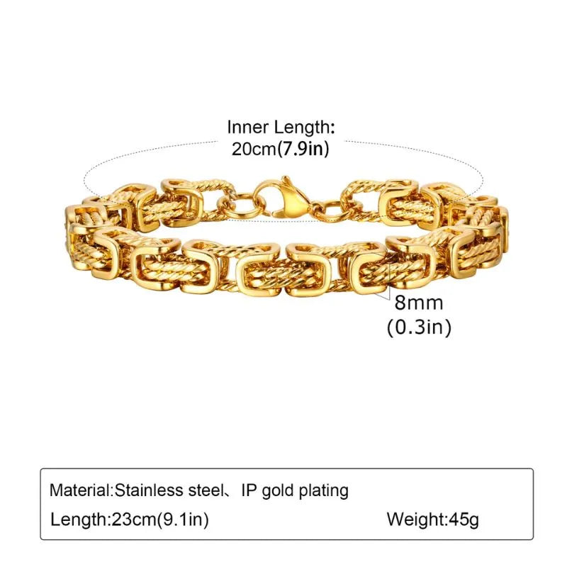 Thicker gold twisted rope chain bracelet with dangling extension tag, dimensions labelled: 4mm width, adjustable 20-25cm length, 8.34g weight