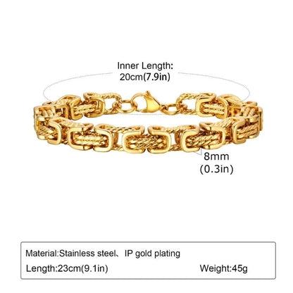 Thicker gold twisted rope chain bracelet with dangling extension tag, dimensions labelled: 4mm width, adjustable 20-25cm length, 8.34g weight
