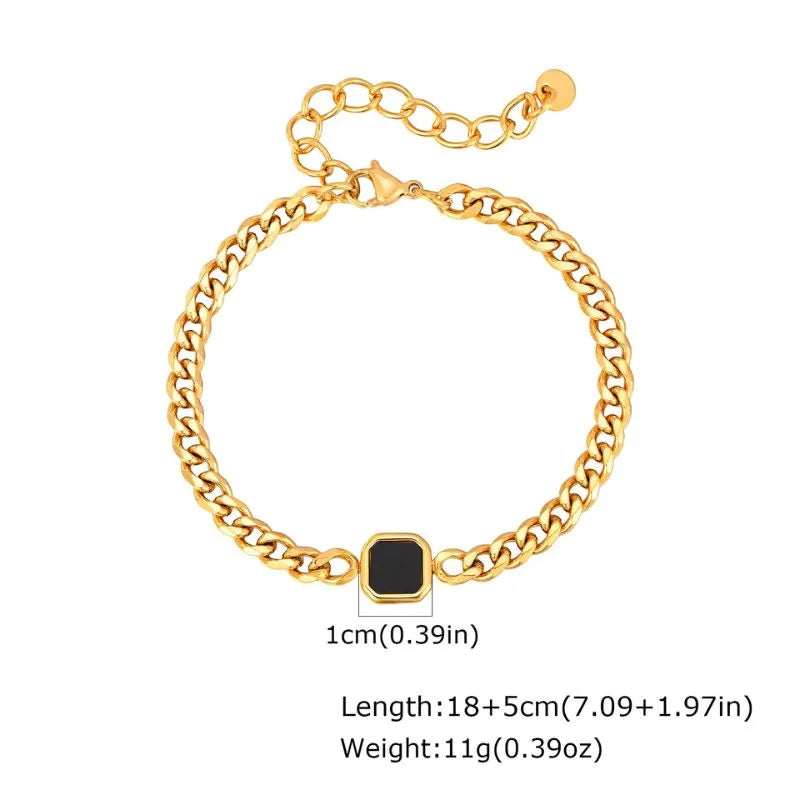 Gold curb chain bracelet with dimensions labelled: 0.8cm width, 21cm length, 26.68g weight