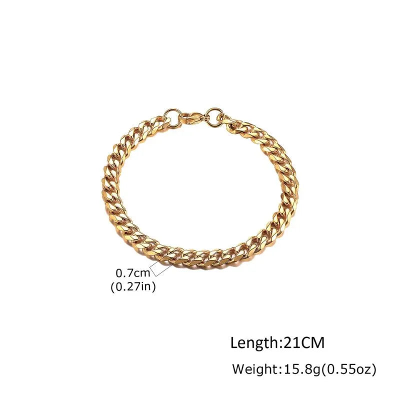 Chunky gold segmented link chain bracelet with beveled cylindrical connectors, dimensions labelled: 0.65cm width, 18+3cm length, 25g weight