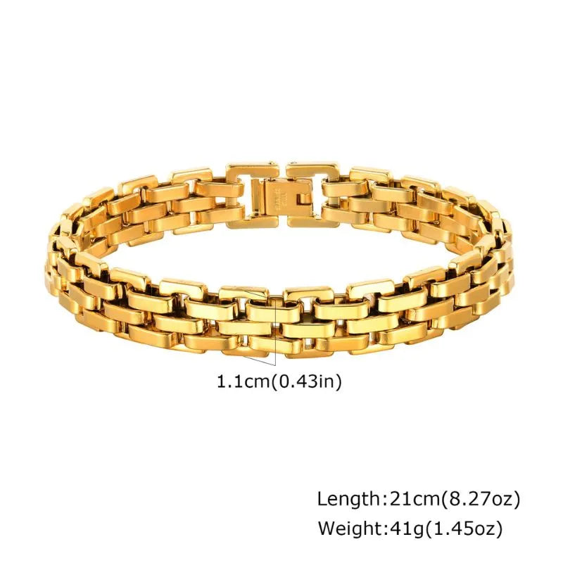 Gold Byzantine-style textured link chain bracelet with a textured barrel bead, dimensions labelled: 0.6cm width, 20cm length, 28g weight