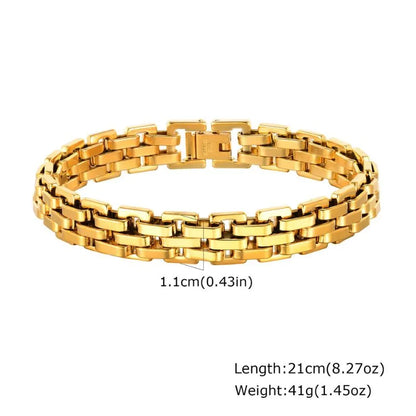 Gold Byzantine-style textured link chain bracelet with a textured barrel bead, dimensions labelled: 0.6cm width, 20cm length, 28g weight
