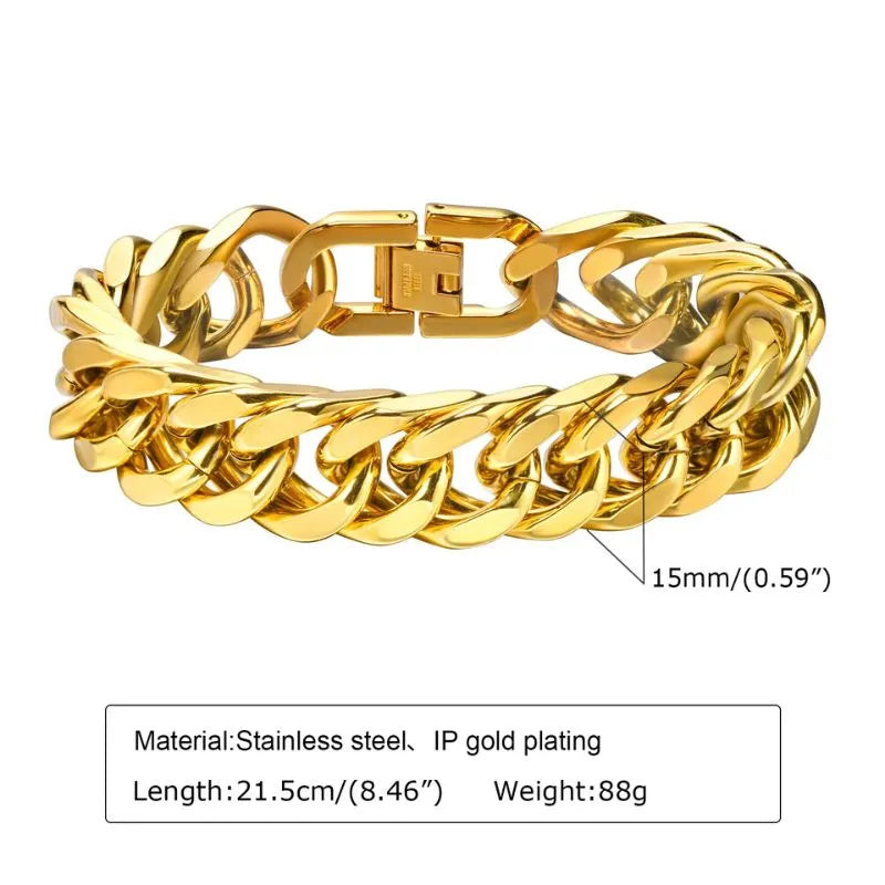 Gold link bracelet combining durable stainless steel construction with a contemporary masculine design.