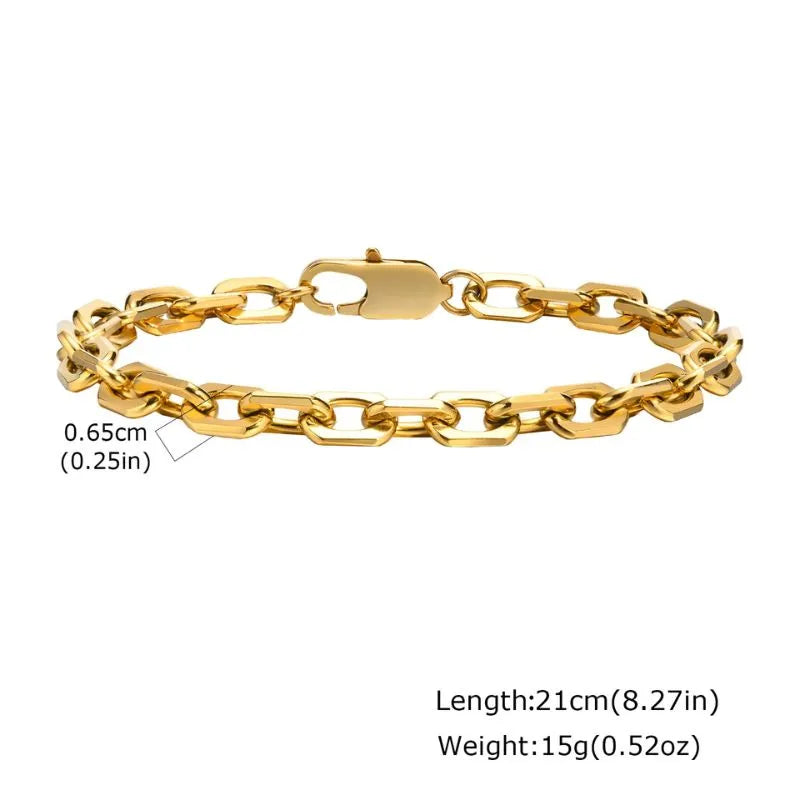 Gold wheat link chain bracelet with magnetic clasp, dimensions labelled: 0.7cm width, 21cm length, 21g weight