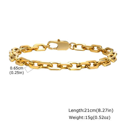 Gold wheat link chain bracelet with magnetic clasp, dimensions labelled: 0.7cm width, 21cm length, 21g weight