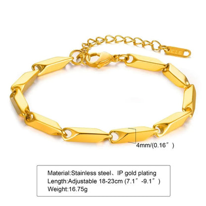 Thin gold herringbone chain bracelet with dimensions labelled: 0.17cm width, 21+3cm length, 5g weight