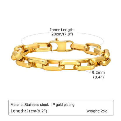 Chunky wide gold Cuban link chain bracelet with dimensions labelled: 15mm width, 21.5cm length, 88g weight