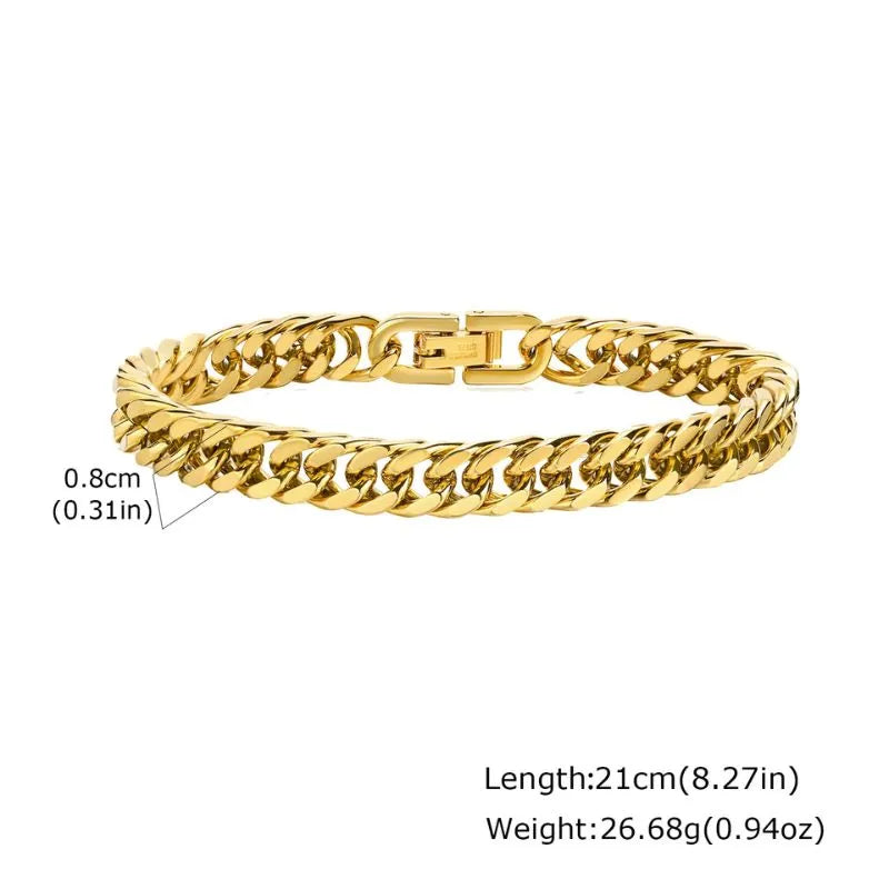 Gold curb chain bracelet with a square black onyx-style charm, extension chain, dimensions labelled: 18+5cm length, 11g weight