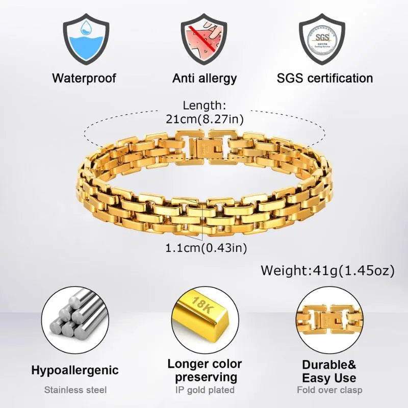 Gold jubilee-style watch link chain bracelet with waterproof, anti-allergy, hypoallergenic and 18K gold plating features labelled