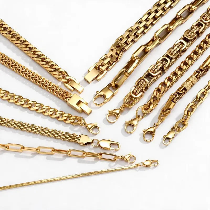 Four gold chain bracelet styles laid out separately, on a plain white background.