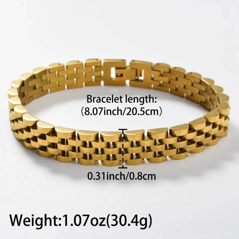 Gold watch link bracelet with labelled dimensions: length 20.5cm, width 0.8cm, weight 30.4g